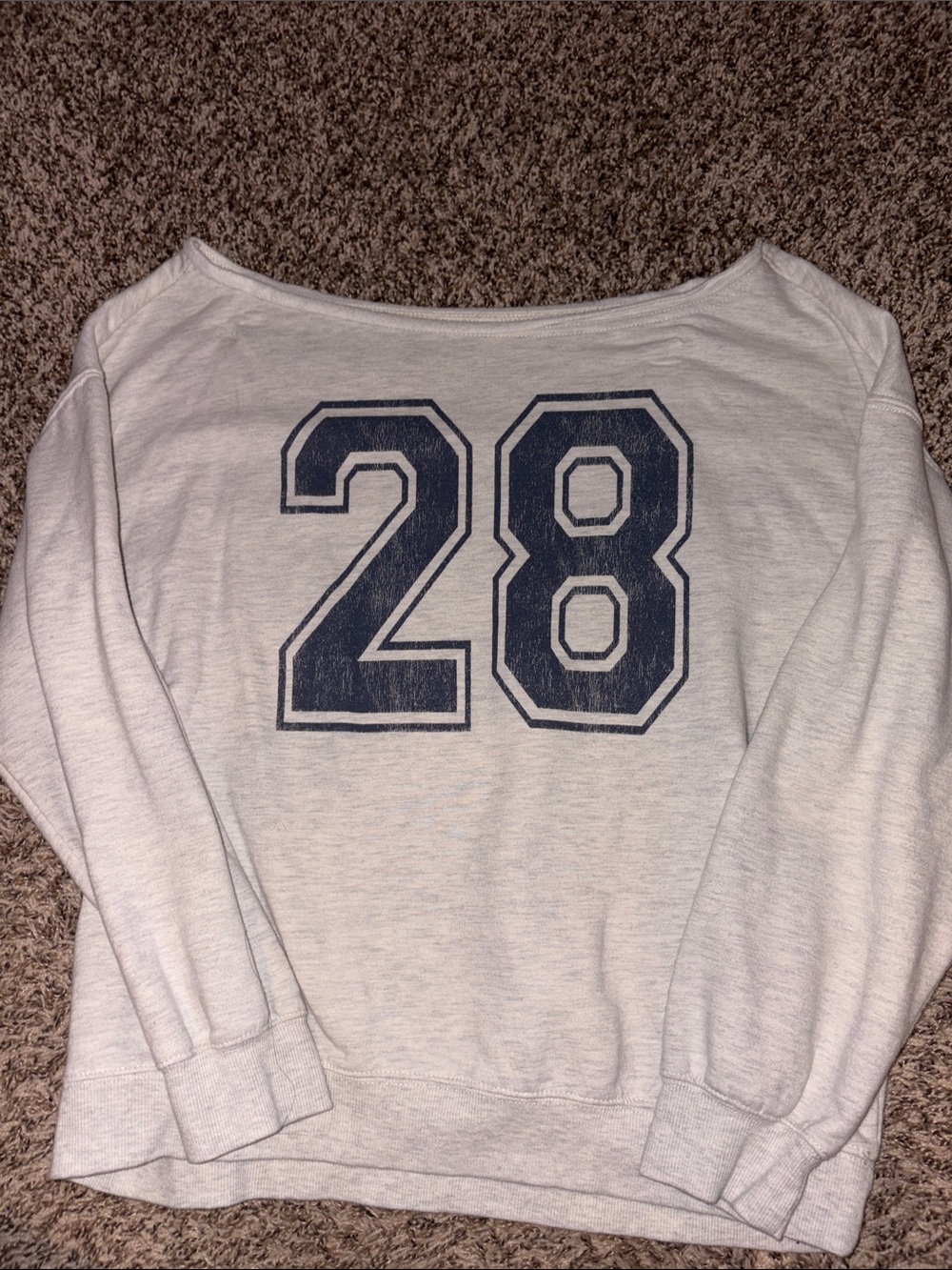 Off-Shoulder Cream Women's Sweater with Navy '28' Graphic